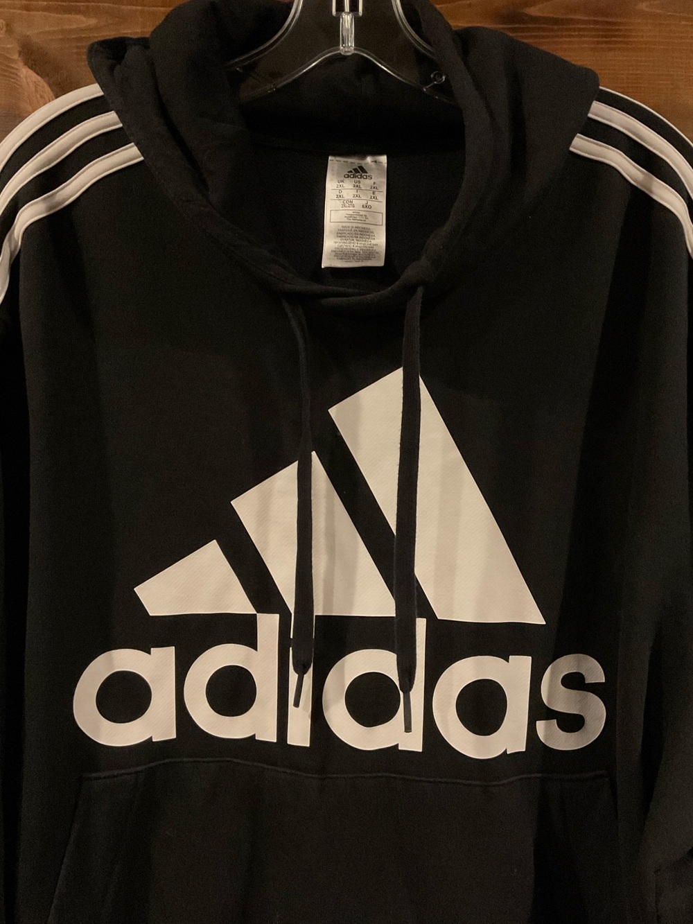 ADIDAS MENS Classic Big Logo 3 Stripe Black Pullover Hoodie White Tag Accent XXL - Picture 3 of 5